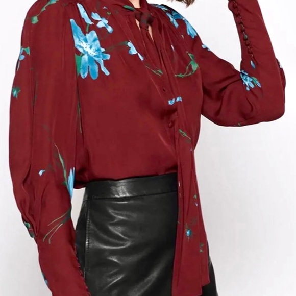 HOT LOOK! Joie 100% Silk Long Sleeve Blouse Size Large, Neck Tie, 10 Button Cuff - Picture 2 of 14